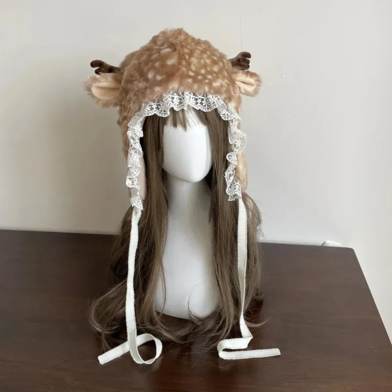 TAVIMART  -  Kawaii Lace Christmas Elk Spot Ear-flapped Hat Faux Fur Plush Reindeer Furry Boots Socks Cover Cute Caps Warm Costume Headdress