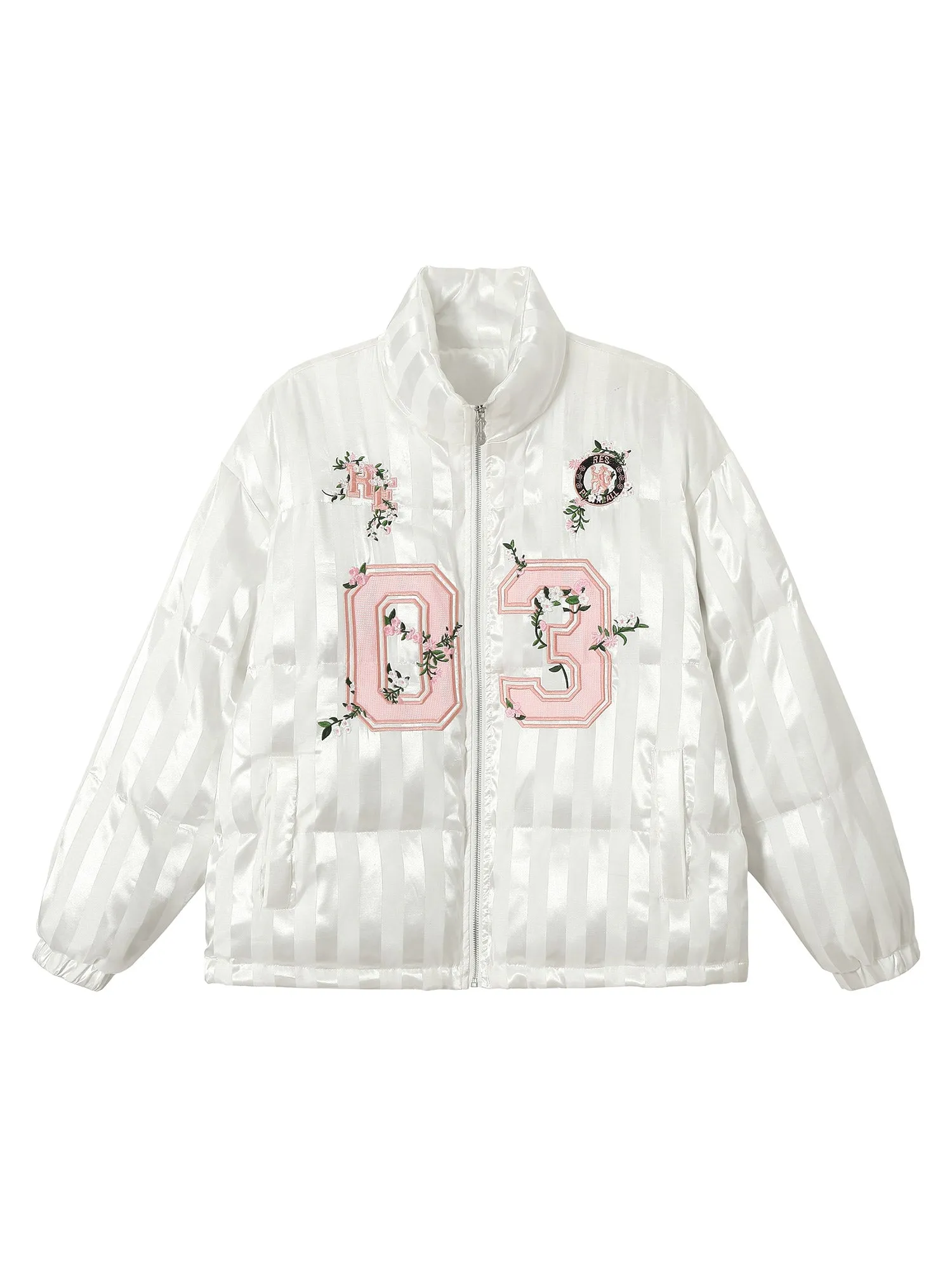 Thesupermade Floral Letter Embroidered Stand Collar Cotton Coat