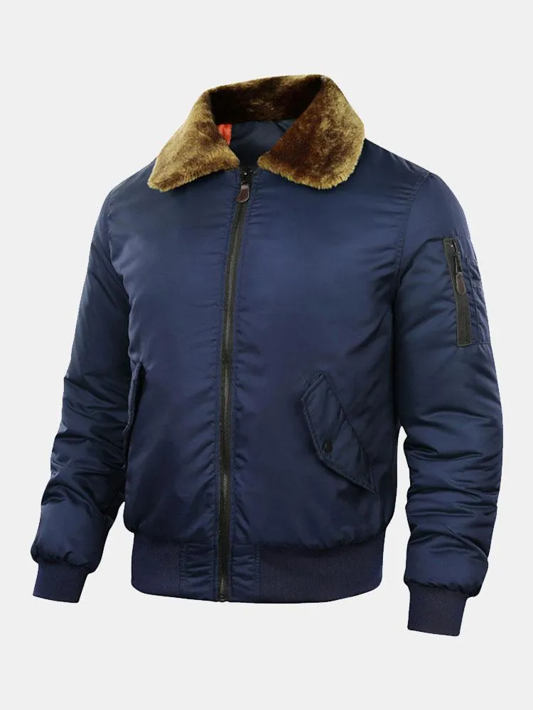 Thickened Quilted Lined Bomber Jacket With Faux Fur Collar Coats