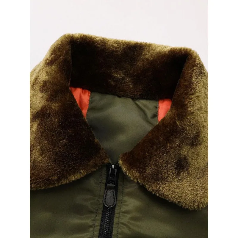 Thickened Quilted Lined Bomber Jacket With Faux Fur Collar Coats