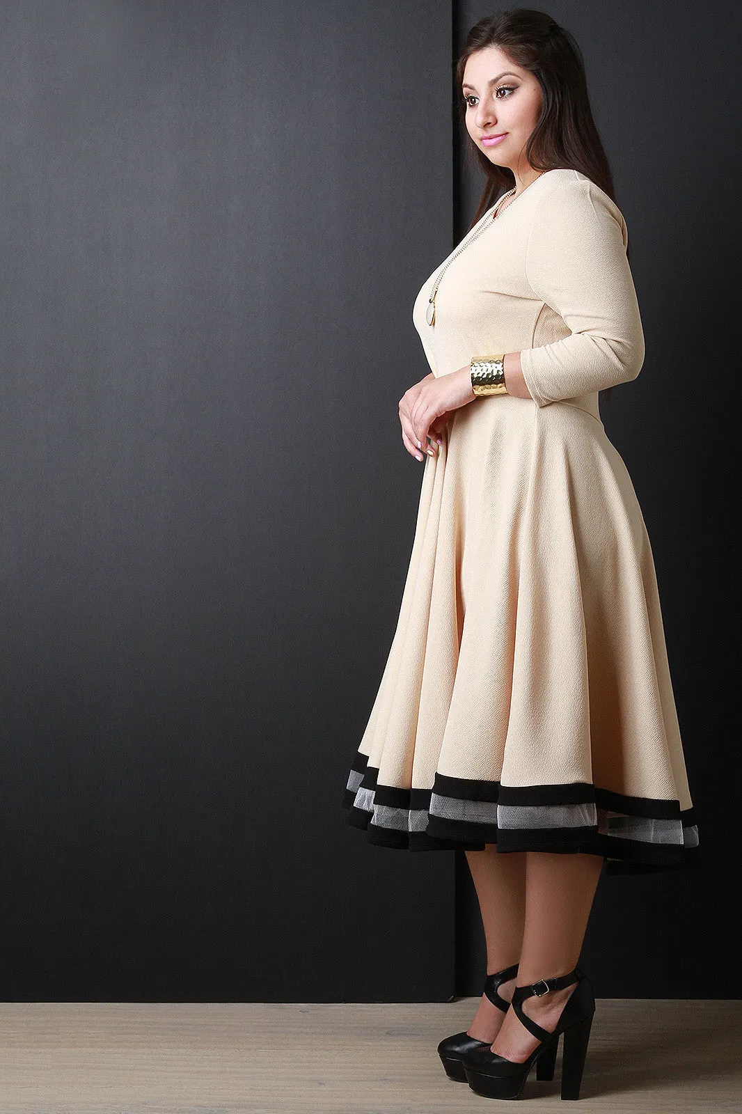 Three Quarter Sleeve Skater Midi Dress