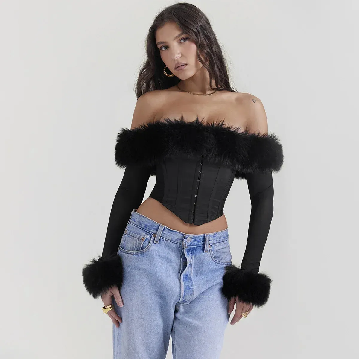 Toleet-Suninheart Autumn and Winter Women Tops 2023 Detachable Fur Off The Shoulder Cropped Top Sexy Black Casual Long Sleeve Blouse