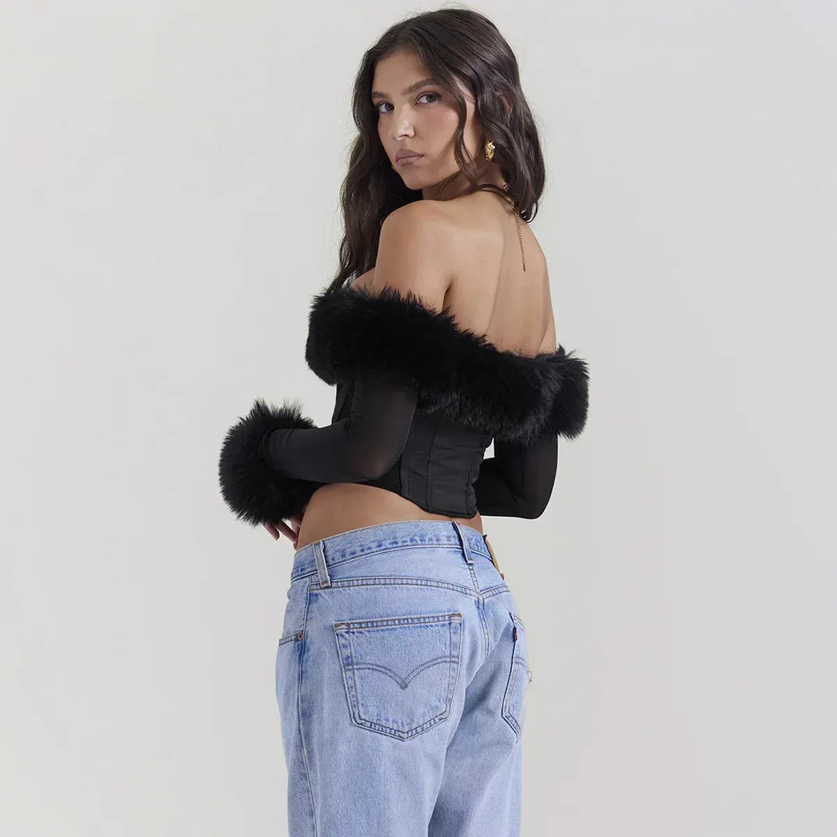 Toleet-Suninheart Autumn and Winter Women Tops 2023 Detachable Fur Off The Shoulder Cropped Top Sexy Black Casual Long Sleeve Blouse