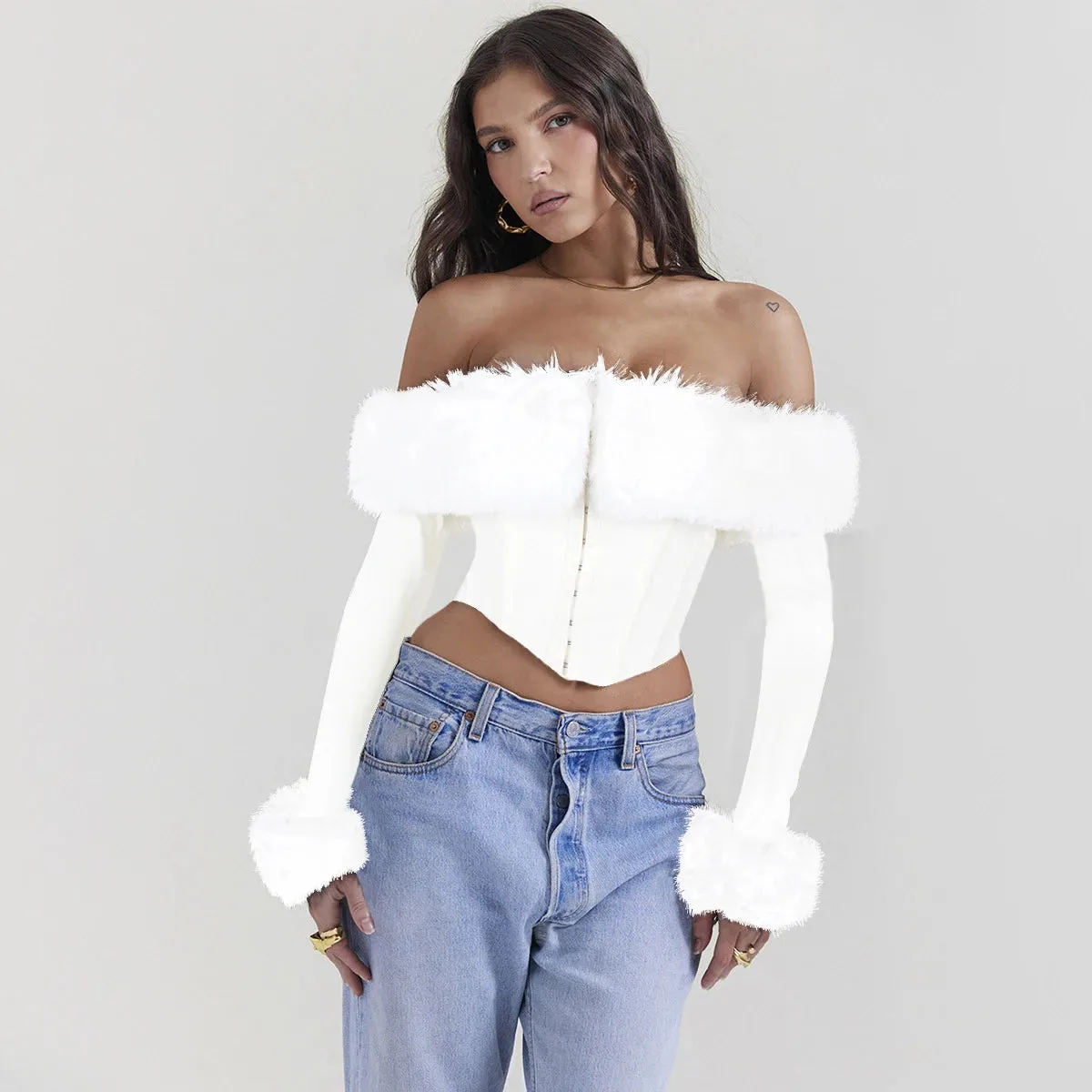 Toleet-Suninheart Autumn and Winter Women Tops 2023 Detachable Fur Off The Shoulder Cropped Top Sexy Black Casual Long Sleeve Blouse