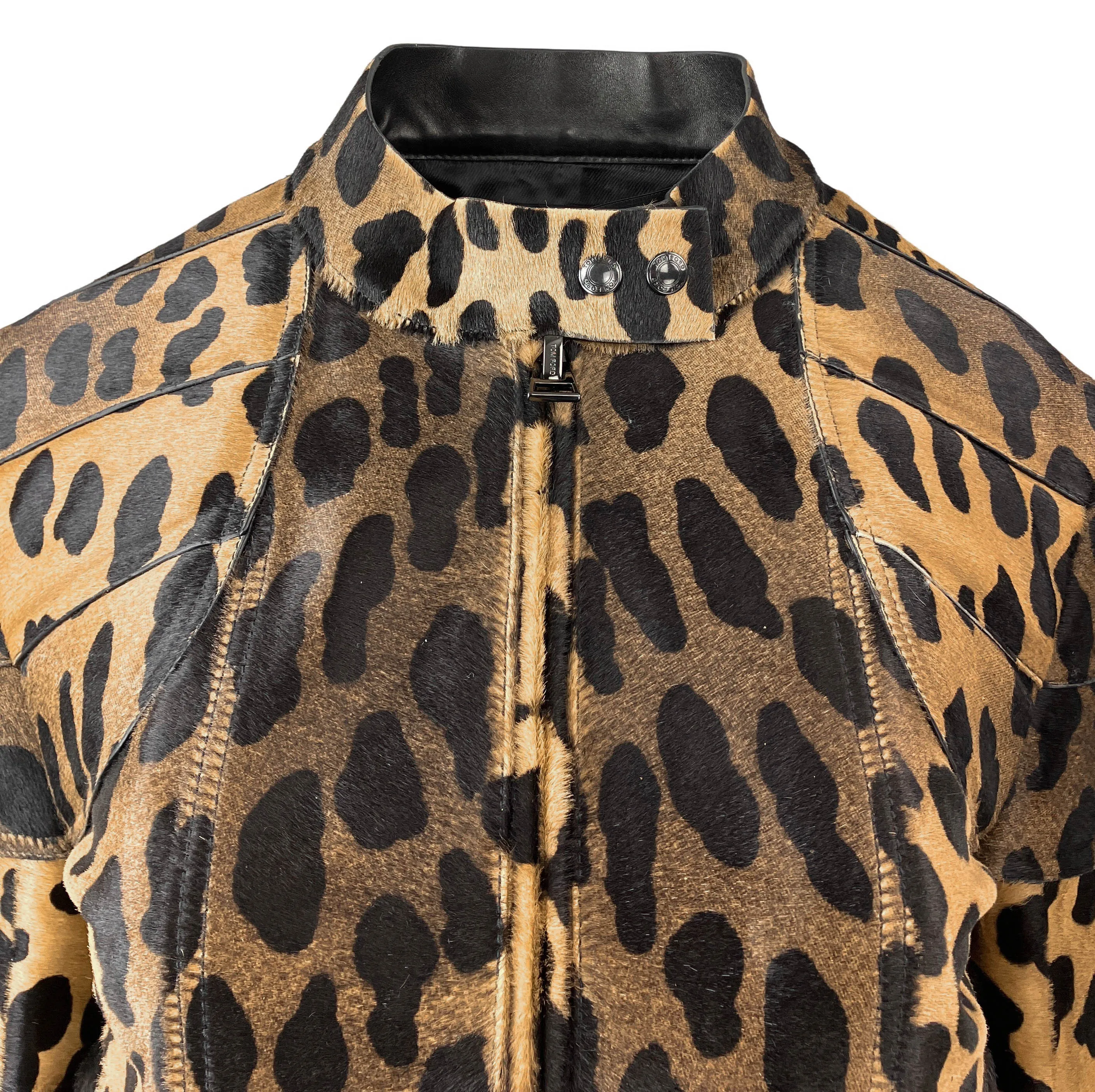 Tom Ford Cheetah Print Cowhide Moto Jacket in Black/Beige