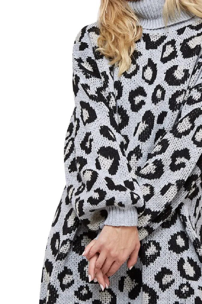 tunic Long Sleeve Leopard Turtleneck Sweater Mini Dress STYLISH TRENDY