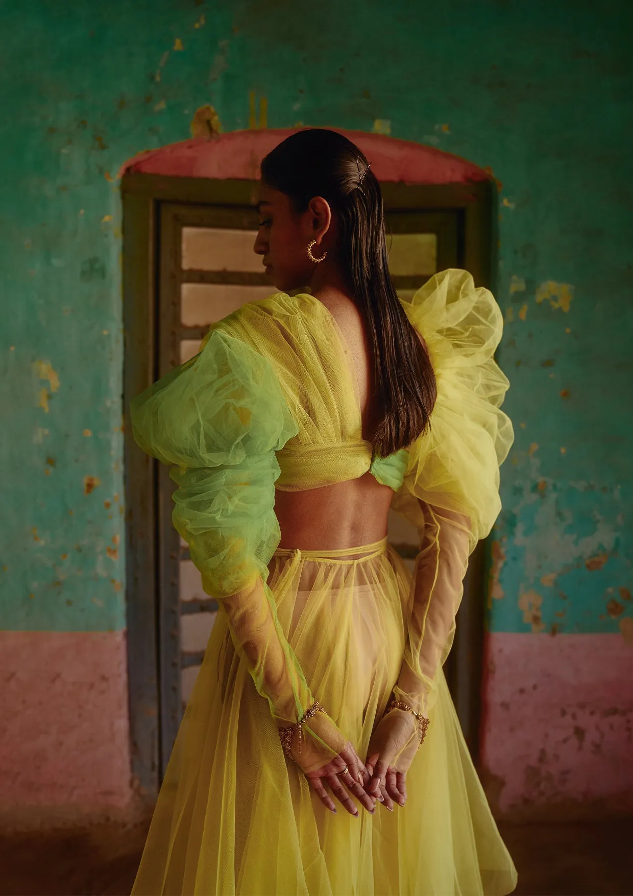 Two-Tone Puff-Sleeve Crop Top