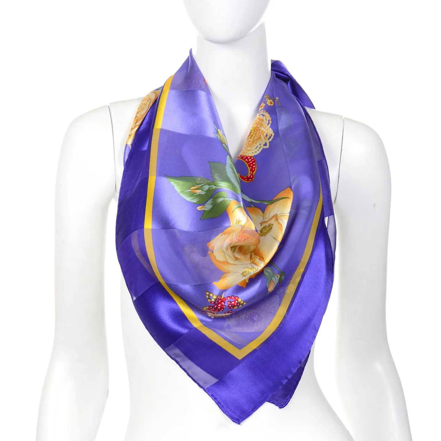 Valentino Purple Silk Scarf in Yellow Gold Floral Print