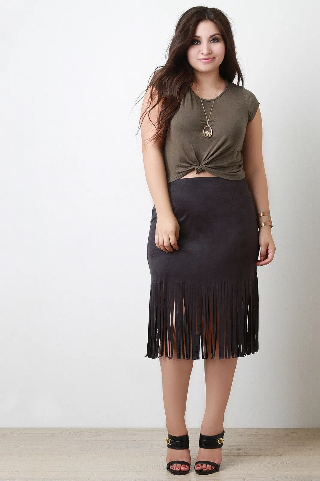 Vegan Suede Fringe Midi Skirt