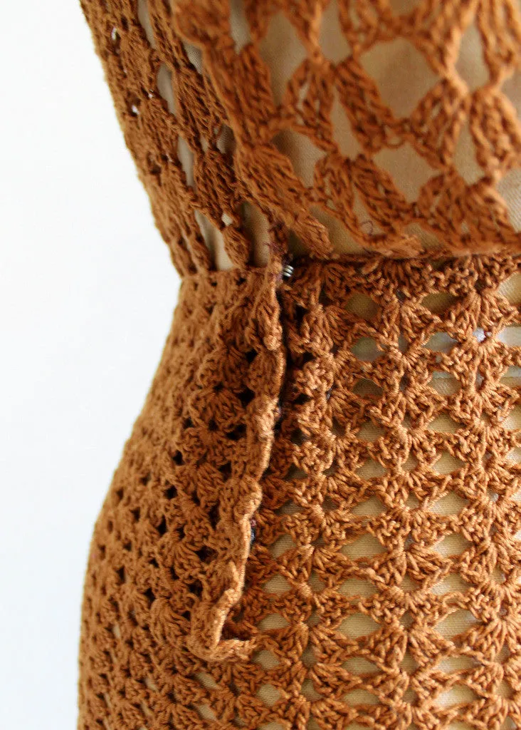 Vintage 1930s Brown Summer Crochet Dress