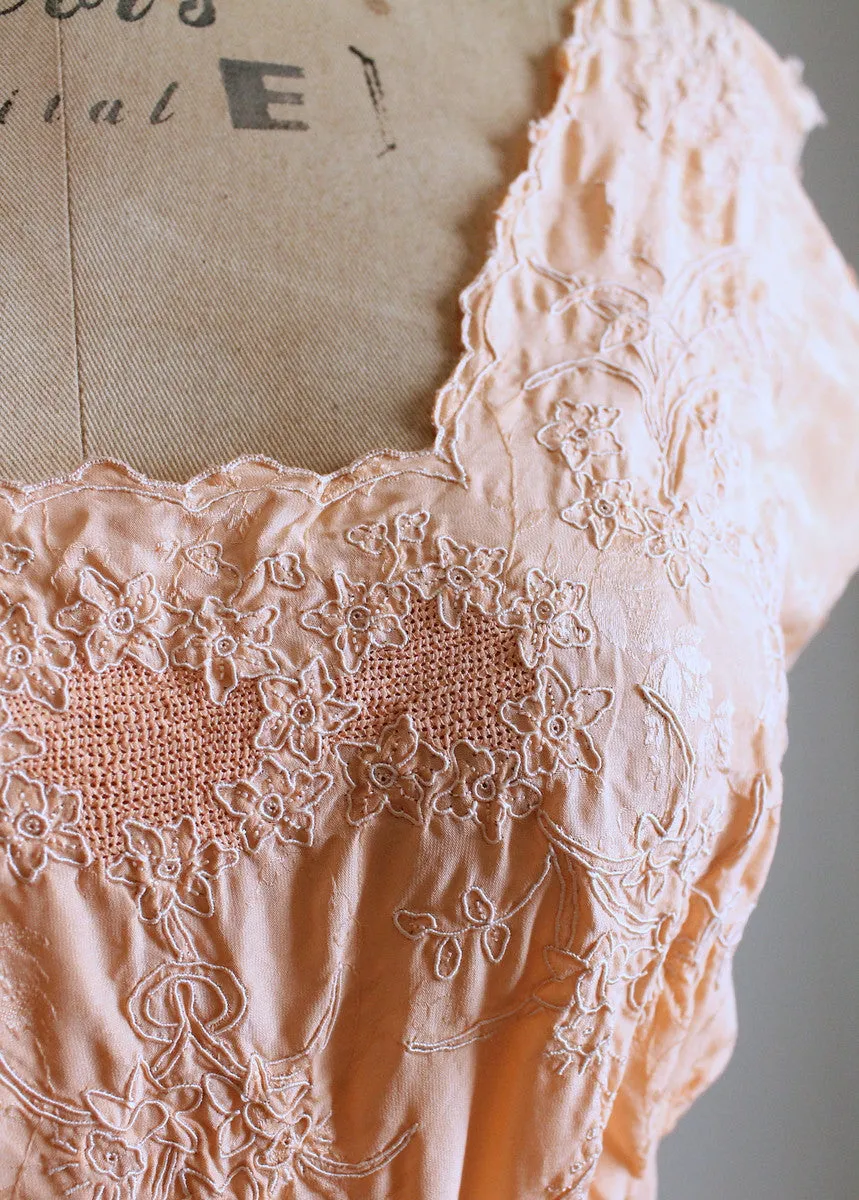 Vintage 1930s Embroidered Peach Silk Gown