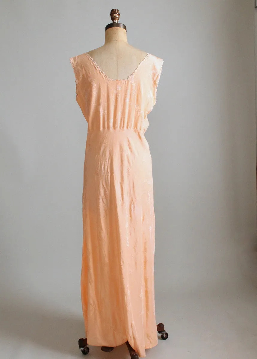 Vintage 1930s Embroidered Peach Silk Gown