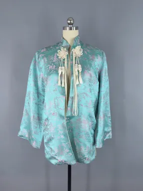 Vintage 1960s Jacket / Asian Blue Satin Brocade Coat