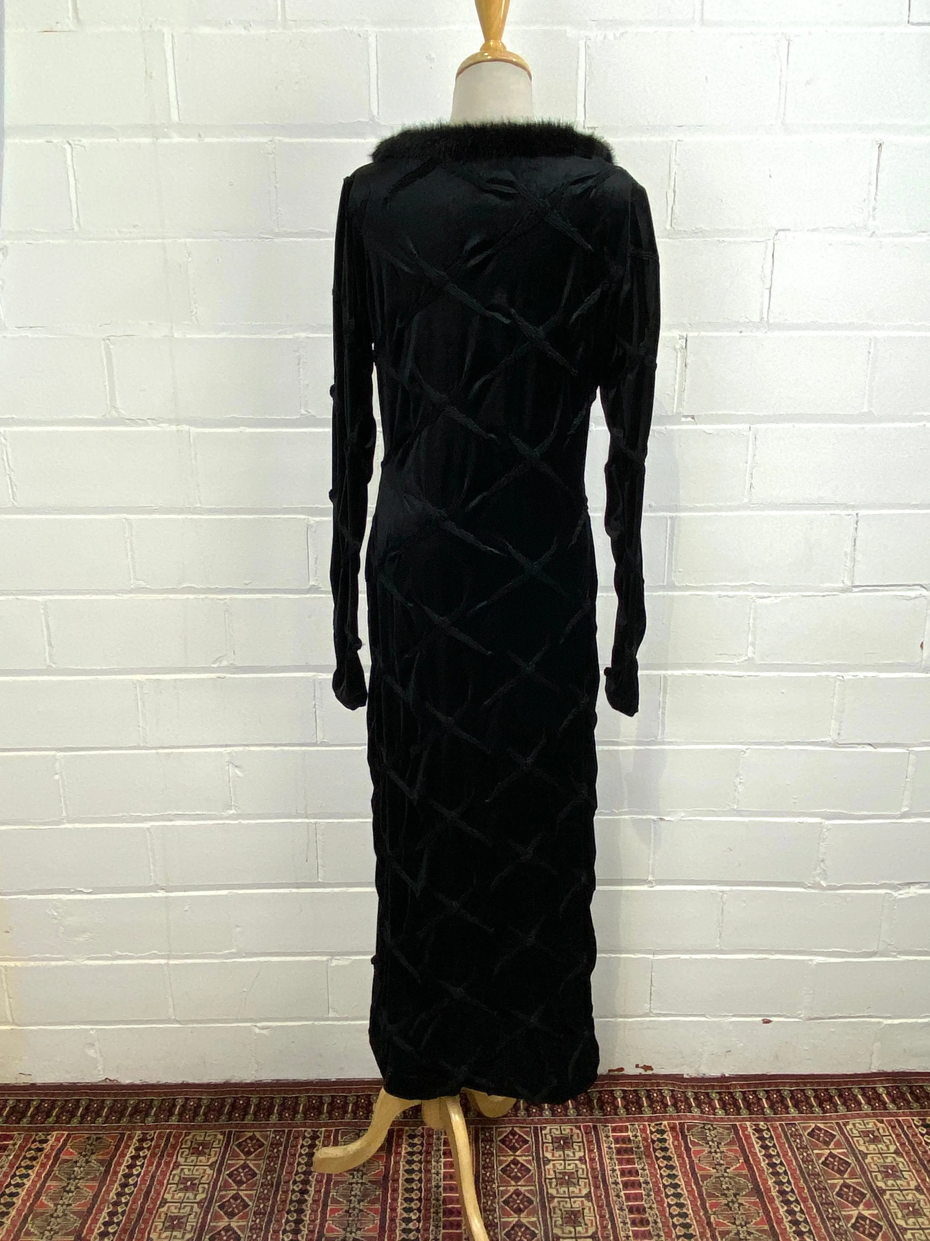 Vintage 1990s Black Long Sleeve Velveteen Bodycon Maxi Dress, Faux Fur Collar, Med