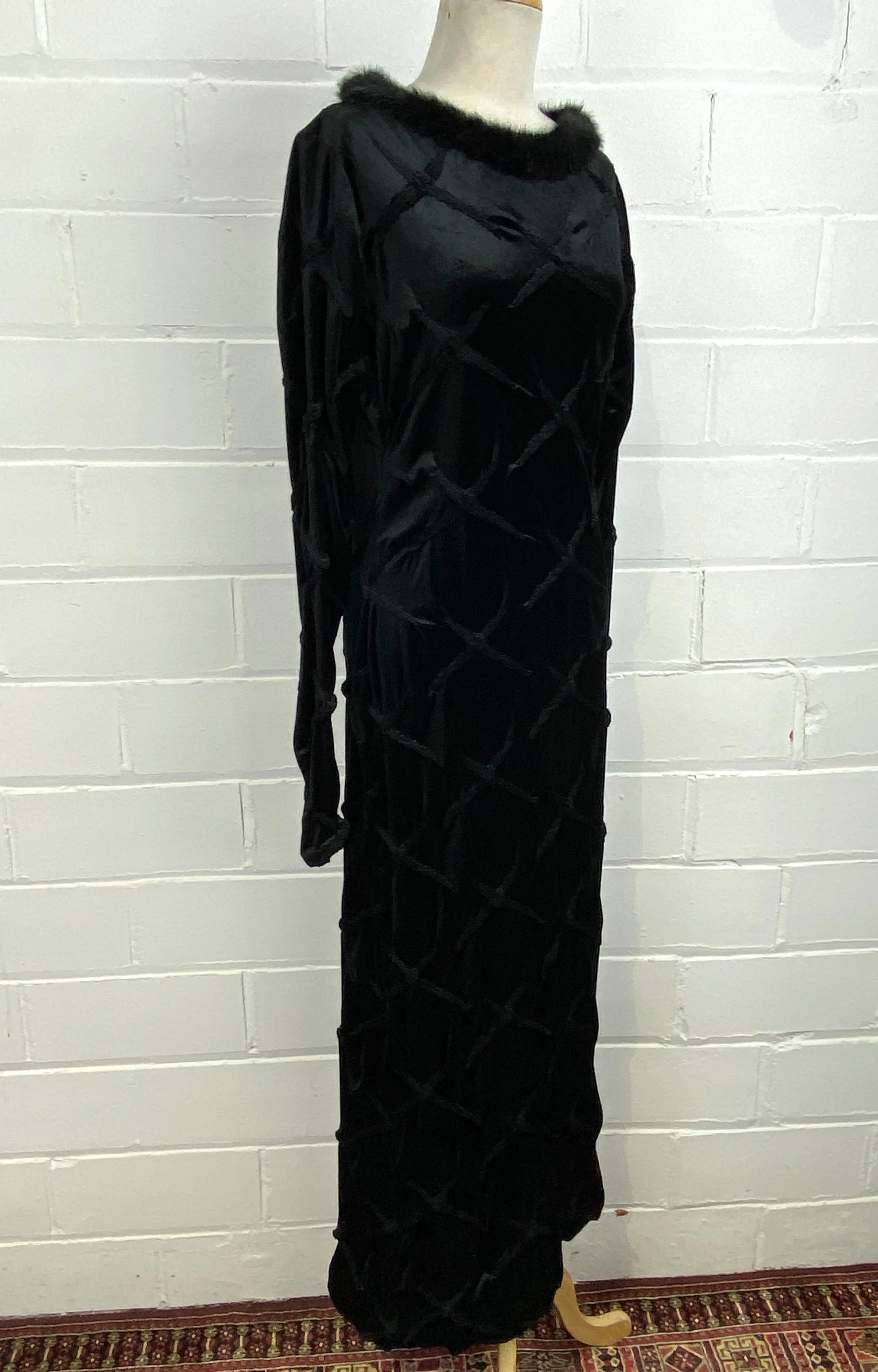 Vintage 1990s Black Long Sleeve Velveteen Bodycon Maxi Dress, Faux Fur Collar, Med