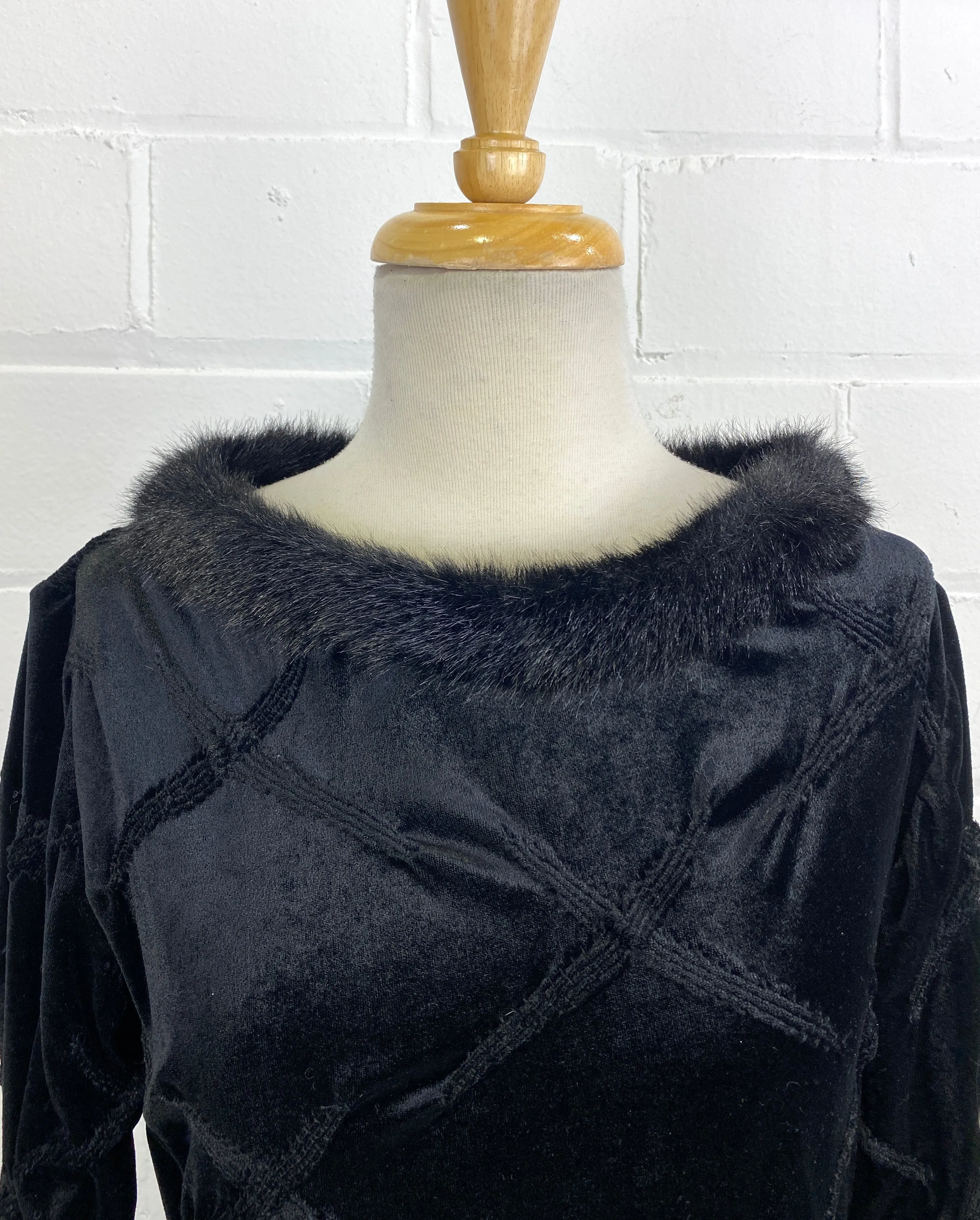 Vintage 1990s Black Long Sleeve Velveteen Bodycon Maxi Dress, Faux Fur Collar, Med