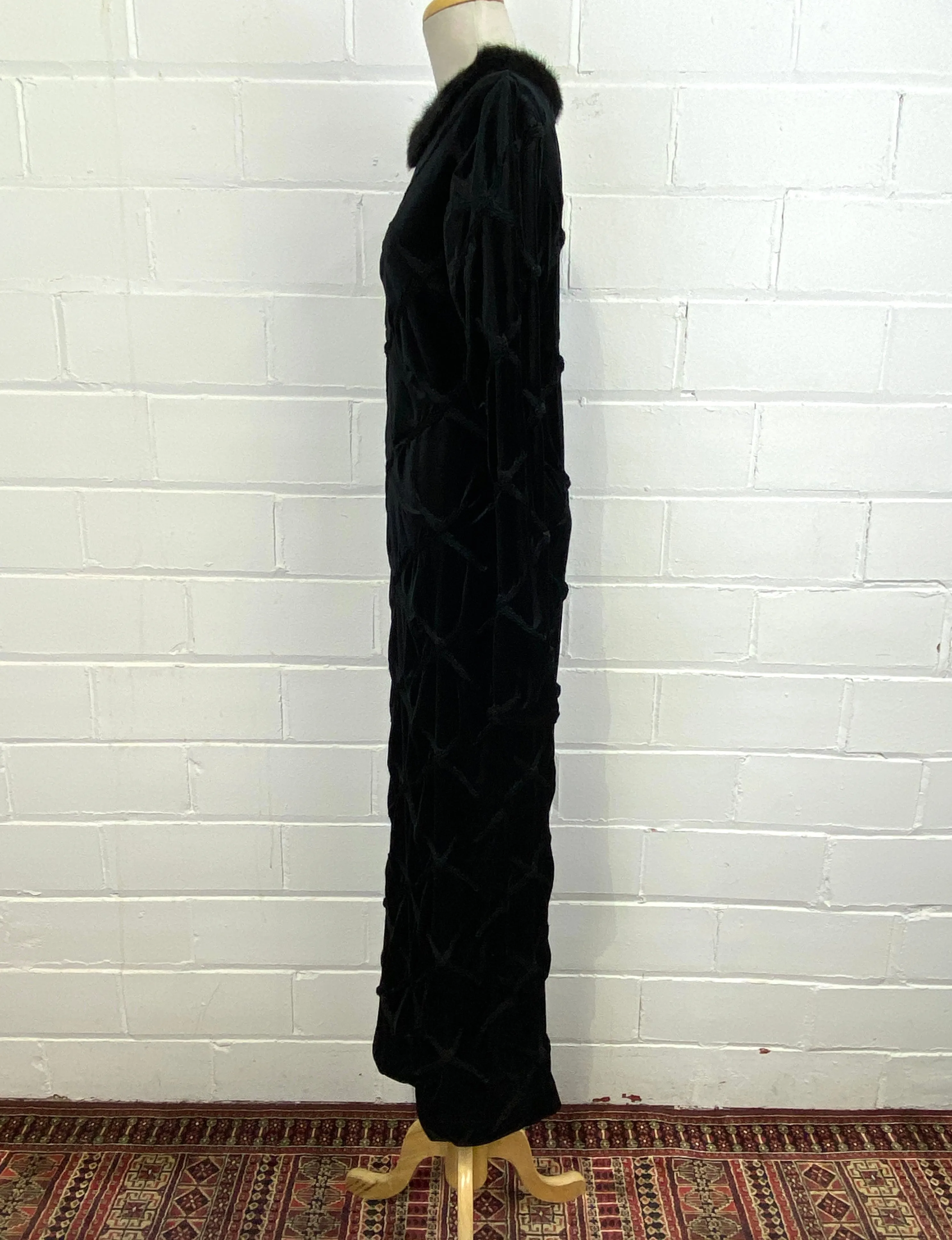 Vintage 1990s Black Long Sleeve Velveteen Bodycon Maxi Dress, Faux Fur Collar, Med