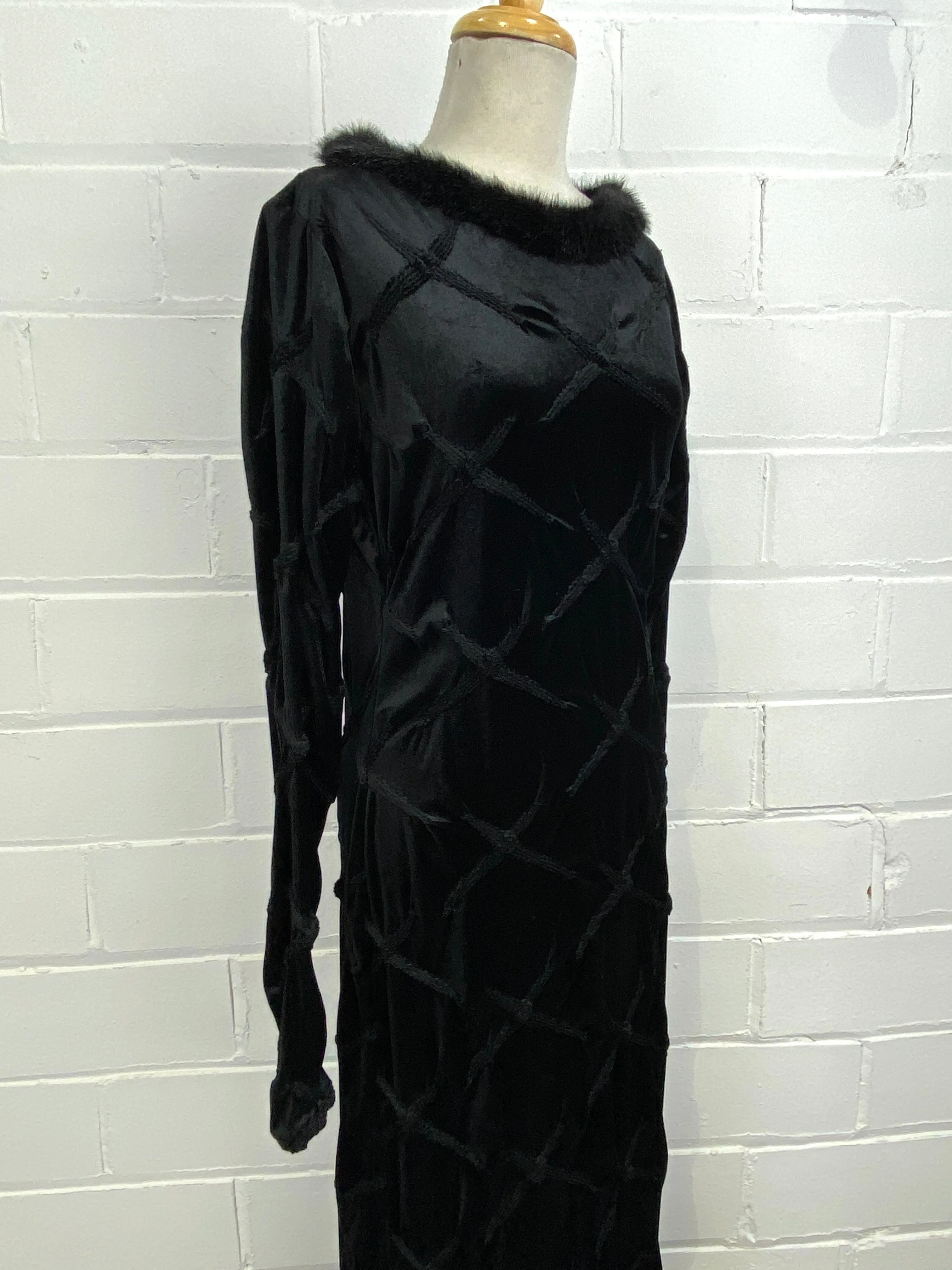 Vintage 1990s Black Long Sleeve Velveteen Bodycon Maxi Dress, Faux Fur Collar, Med