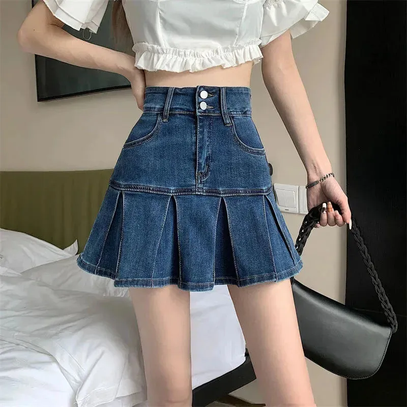 Vintage Blue Denim Pleated Skirt Women Y2K High Waist Ruffle All Match Mini Skirt Ladies Korean Streetwear A Line Jean Skirts