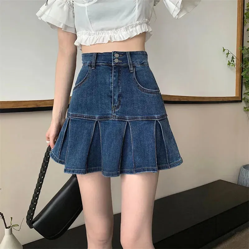 Vintage Blue Denim Pleated Skirt Women Y2K High Waist Ruffle All Match Mini Skirt Ladies Korean Streetwear A Line Jean Skirts