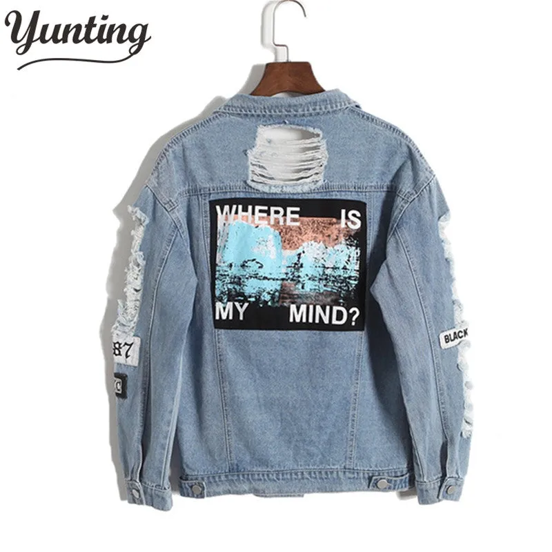 Vintage Fashion Wash Water Distrressed Denim Jacket Embroidery Letter Loose Back Applique BF Denim Coat Hole Outerwear Female