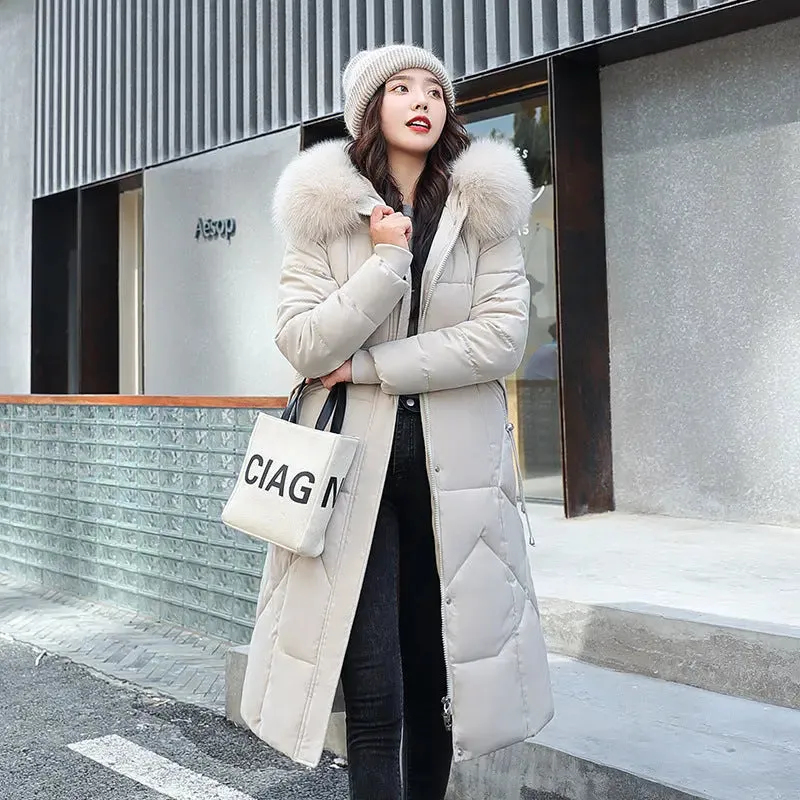 Waist-in-knee Padded Quilted Jacket With Thick Fur Collar