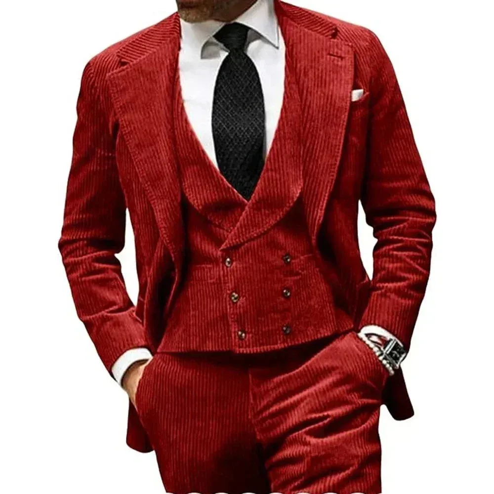 Wiaofellas  -  Corduroy Men's Suits 3 Pcs Fashion Sets Groomsmen Tuxedos For Wedding Groom Suit Jacket (Jacket   Vest   Pants)