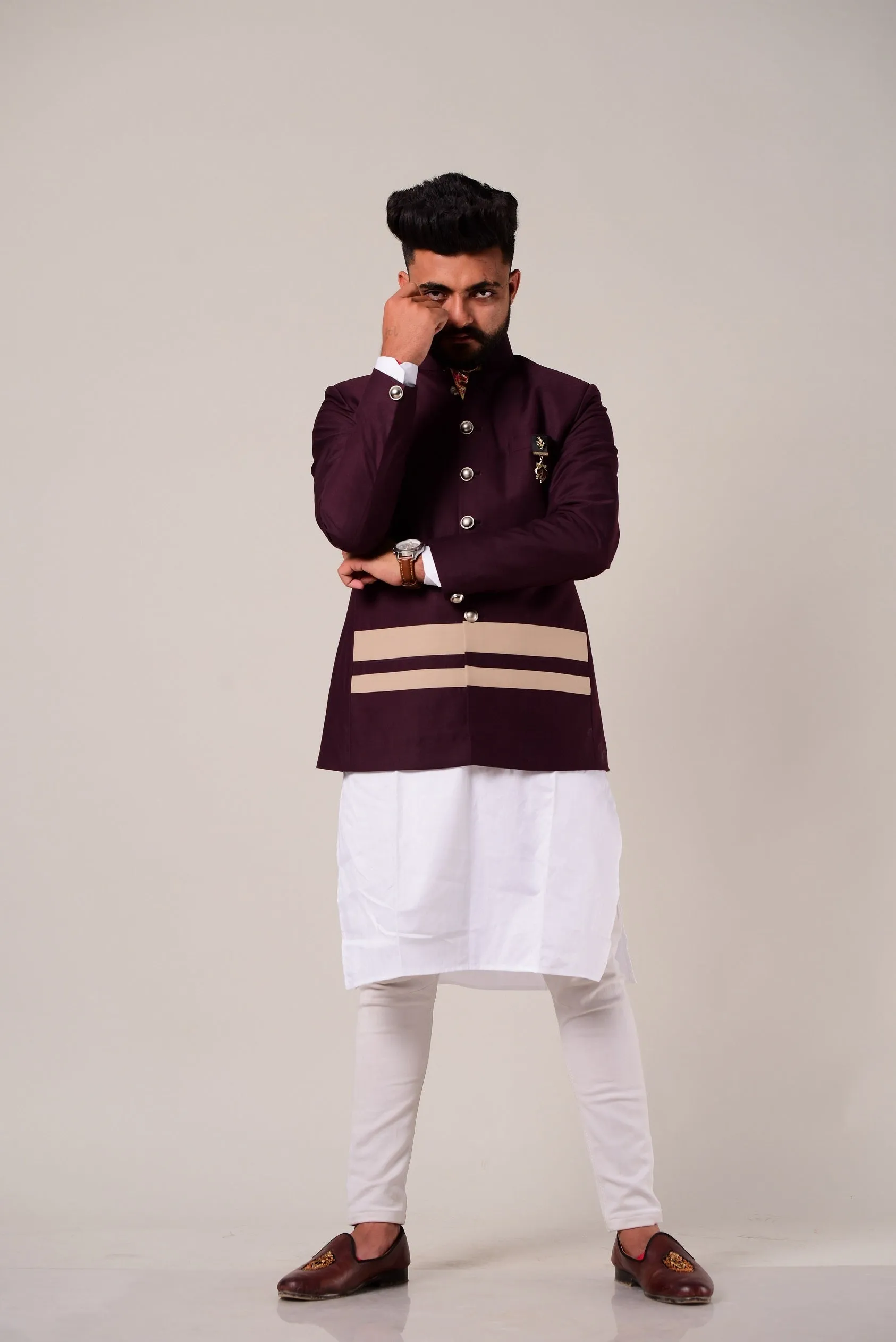 Wine Double Bottom Stripes Bandhgala Blazer with Kurta Pajama