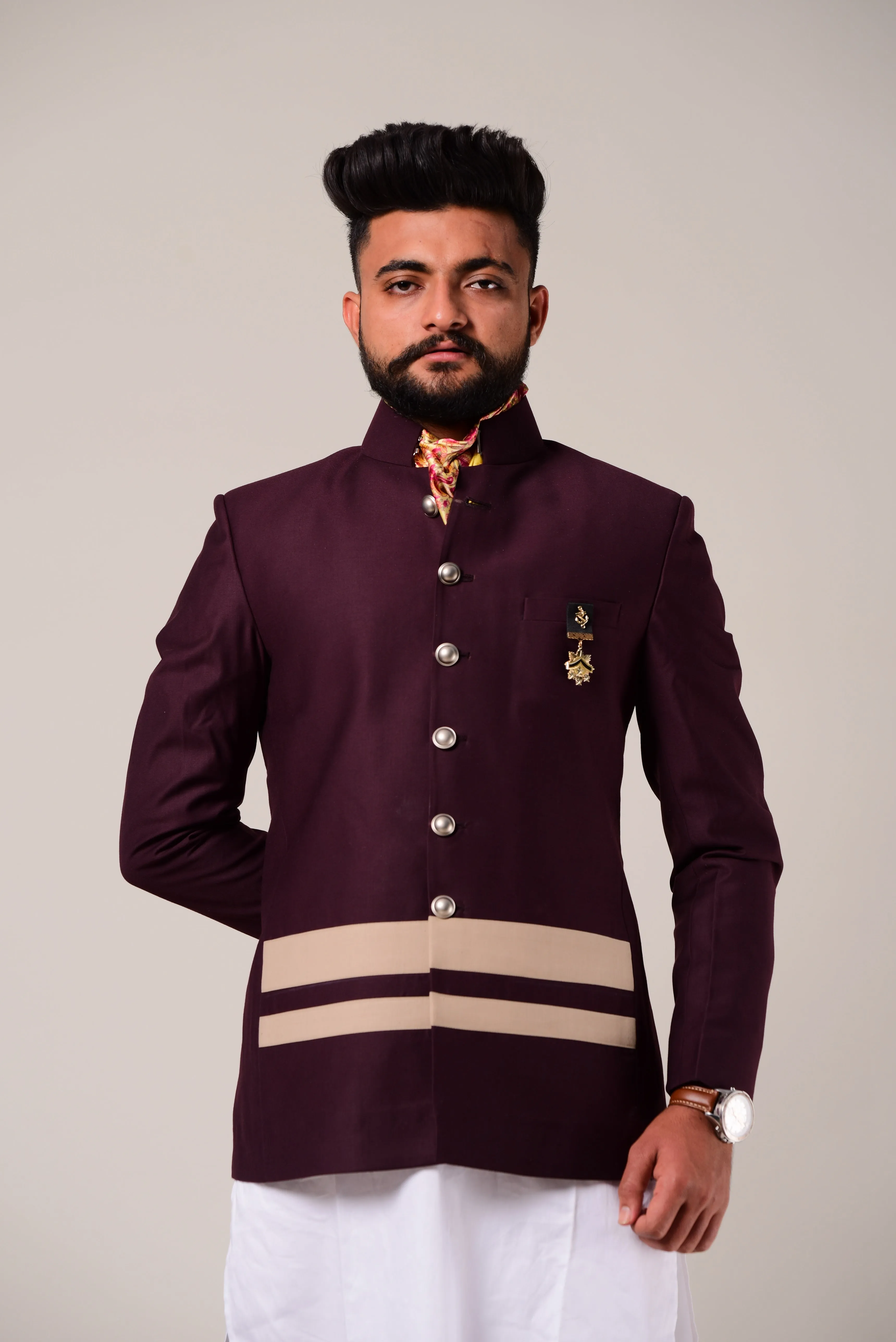 Wine Double Bottom Stripes Bandhgala Blazer with Kurta Pajama