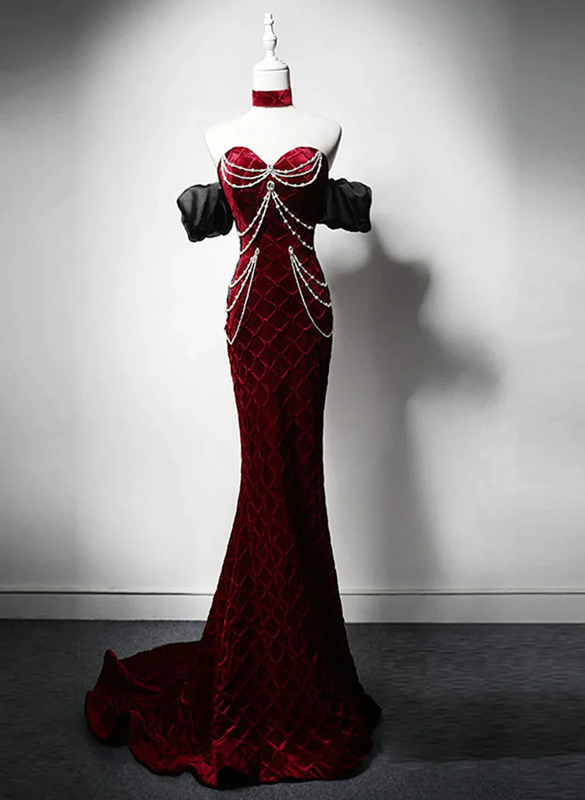 Wine Red Mermaid Velvet Beaded Long Formal Dress, Wine Red Prom Dress