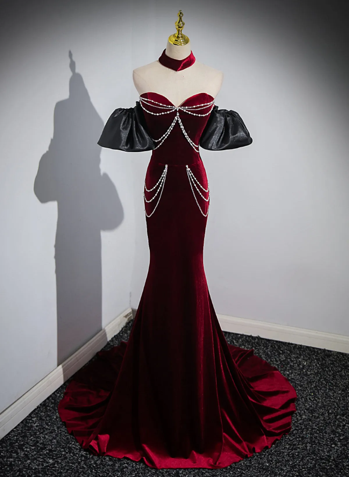 Wine Red Mermaid Velvet Off Shoulder Party Dress, Wine Red Long Evening Dress Prom Dress