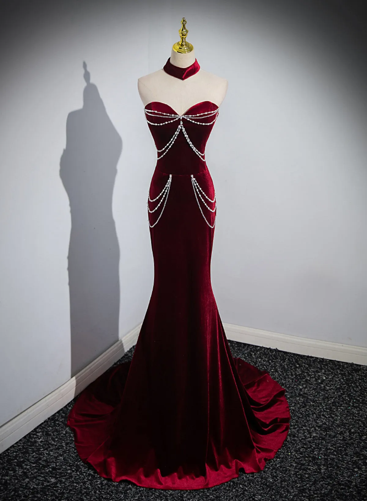 Wine Red Mermaid Velvet Off Shoulder Party Dress, Wine Red Long Evening Dress Prom Dress