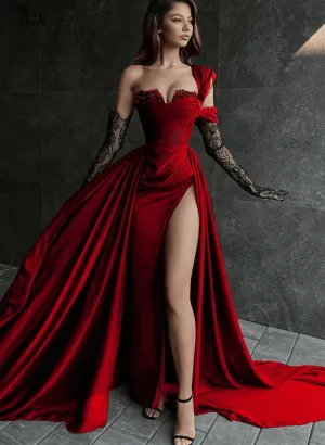 Wine Red One Shoulder Velvet Long Party Dress with Slit, Wine Red Prom Dress