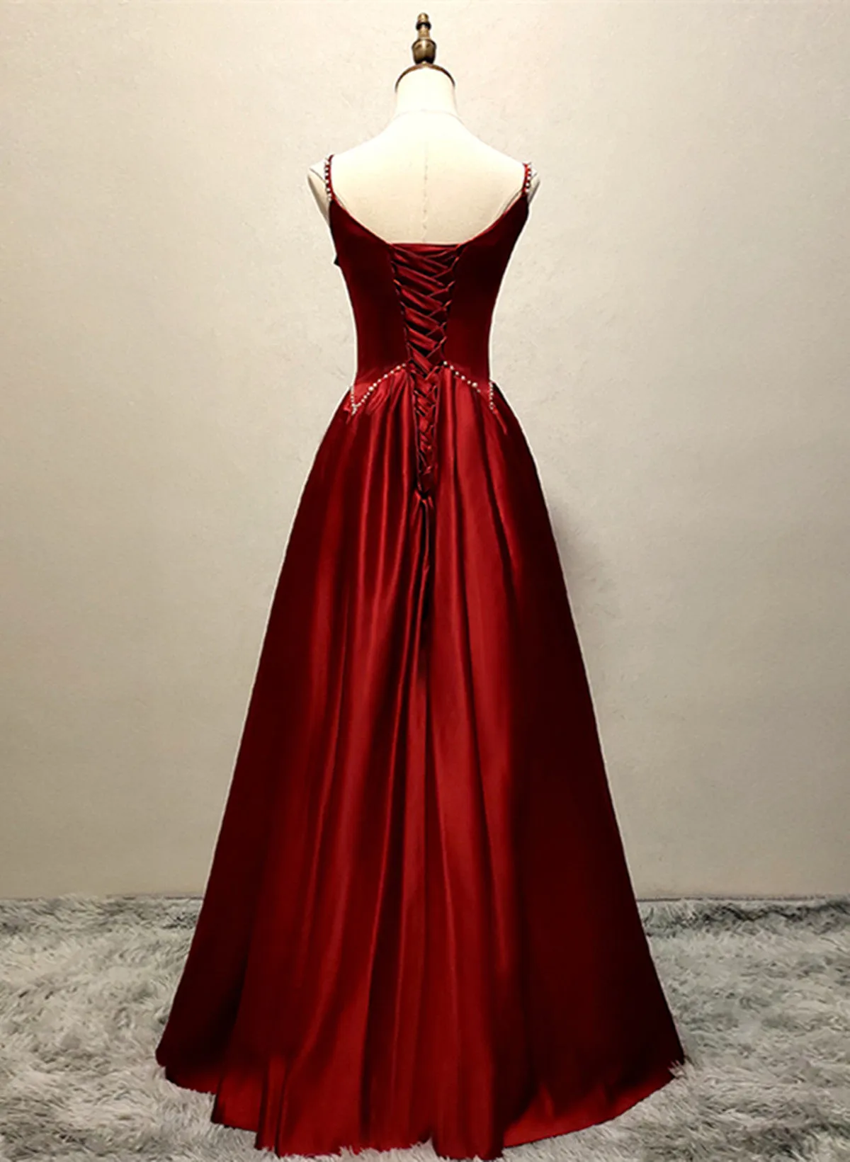 Wine Red Satin Straps Round Neckline Party Dress, Wine Red Long Prom Dress