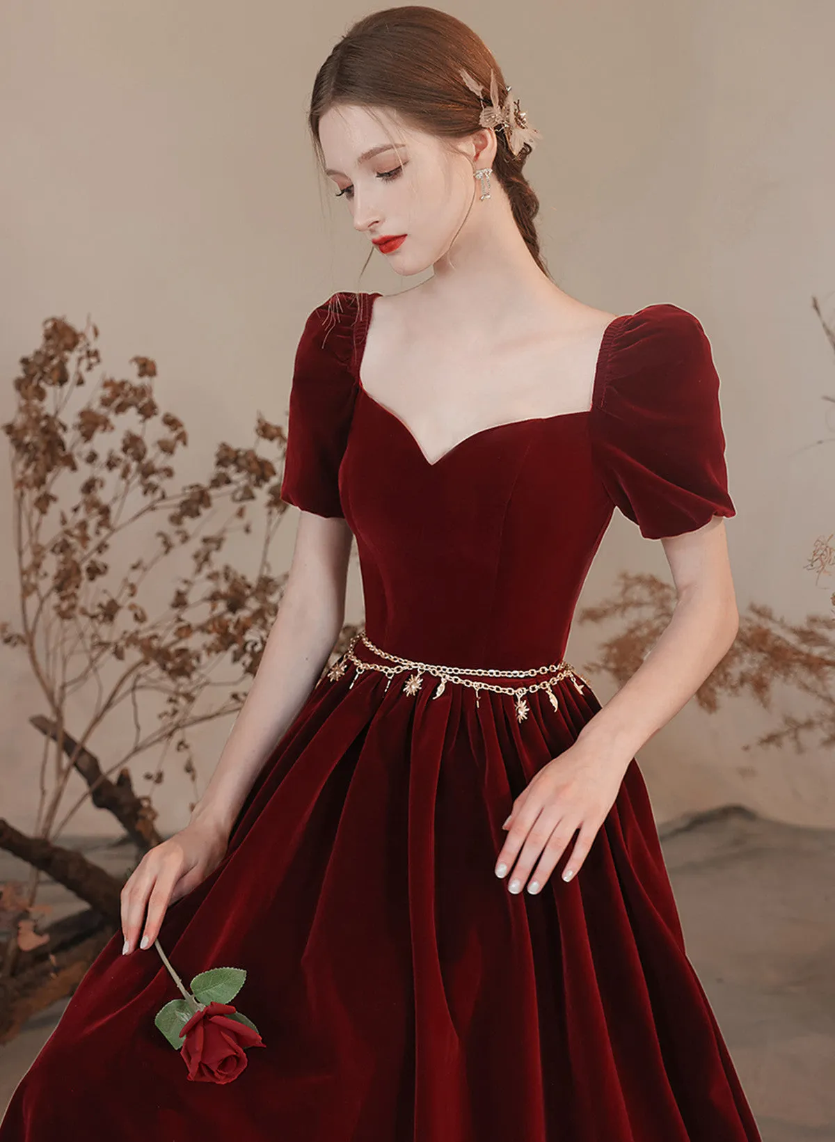 Wine Red Velvet Long A-line Party Dress, Wine Red Evening Dress Prom Dress