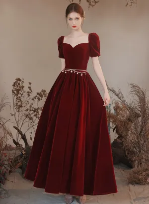 Wine Red Velvet Long A-line Party Dress, Wine Red Evening Dress Prom Dress