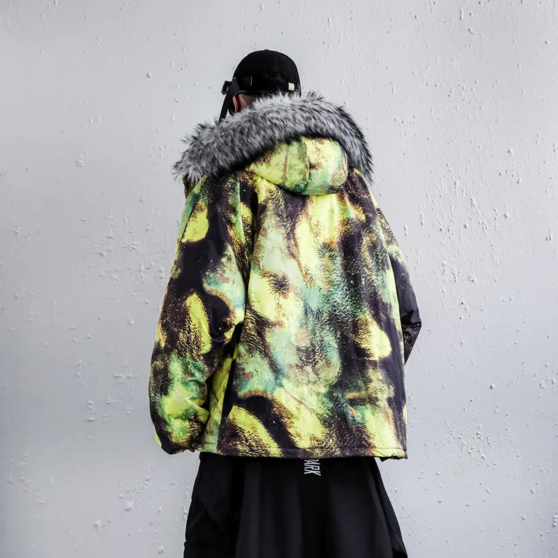 Winter coat men's plus size tie-dye student cotton coat, made old personality warm, large fur collar camouflage jacket