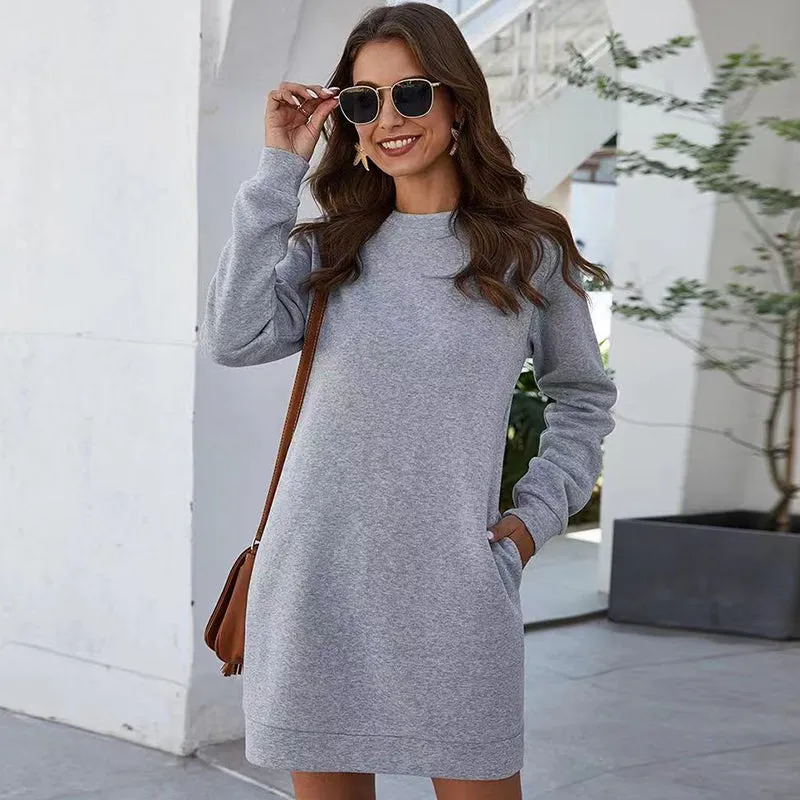 Wjczt Dress 2022 Fall Winter Women&#39;s Casual Solid Color Over The Knee Round Neck Long Sleeve Pocket Sweater Mini Dress Loose Pocket