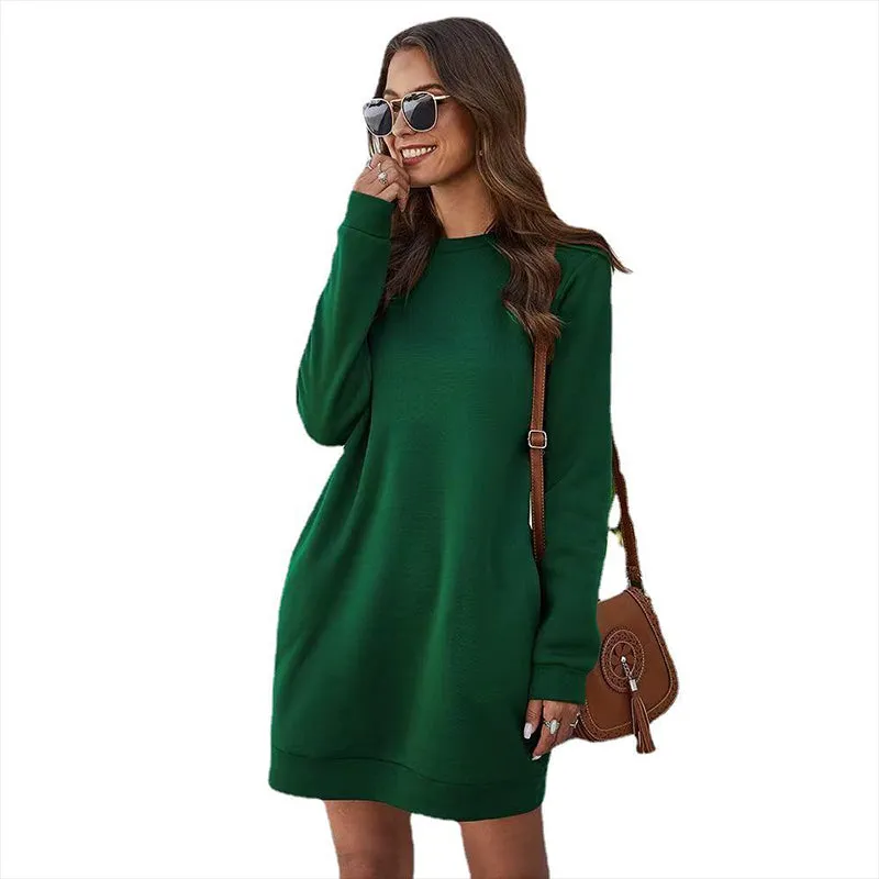 Wjczt Dress 2022 Fall Winter Women&#39;s Casual Solid Color Over The Knee Round Neck Long Sleeve Pocket Sweater Mini Dress Loose Pocket