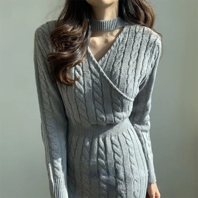 Wjczt Retro Split Knit Dress Women's Autumn Winter New Waist Slimming Bottoming Sweater Skirt Dress for Women Sweaters Dresses