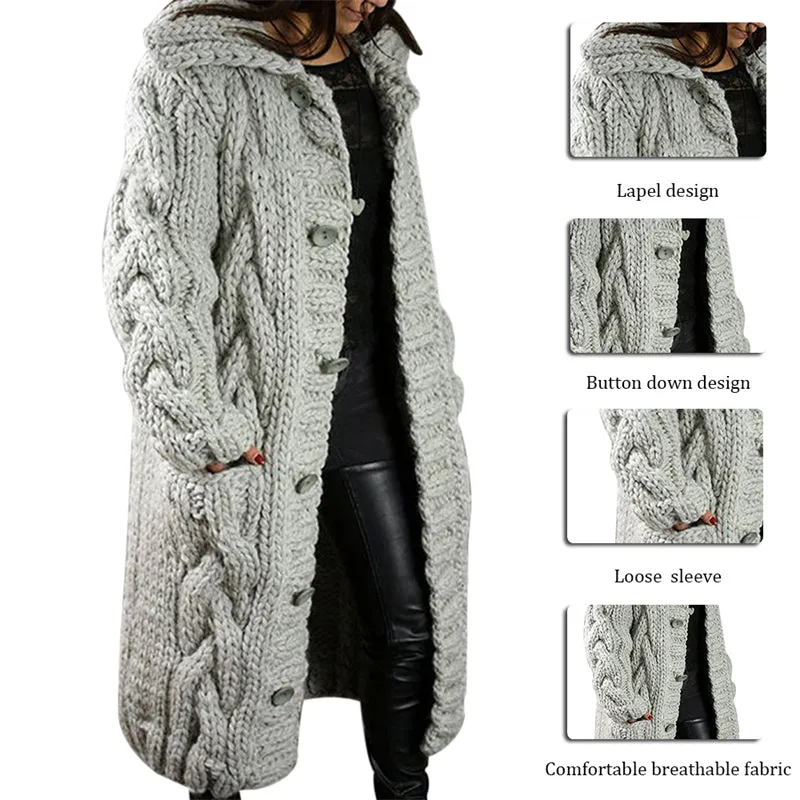 Women Autumn Winter Plus Size Long Button Knitted Cardigan Coat