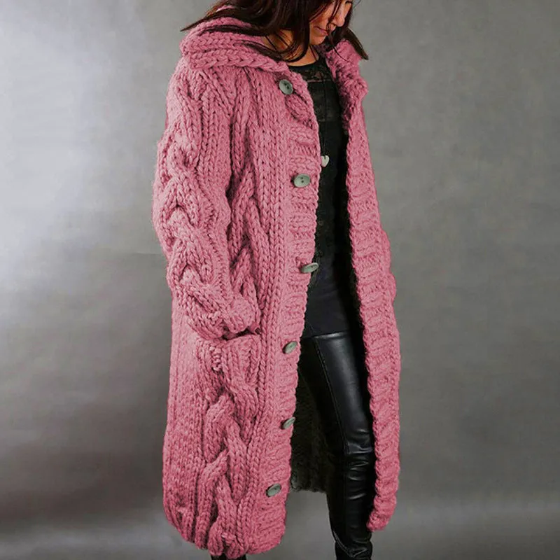 Women Autumn Winter Plus Size Long Button Knitted Cardigan Coat