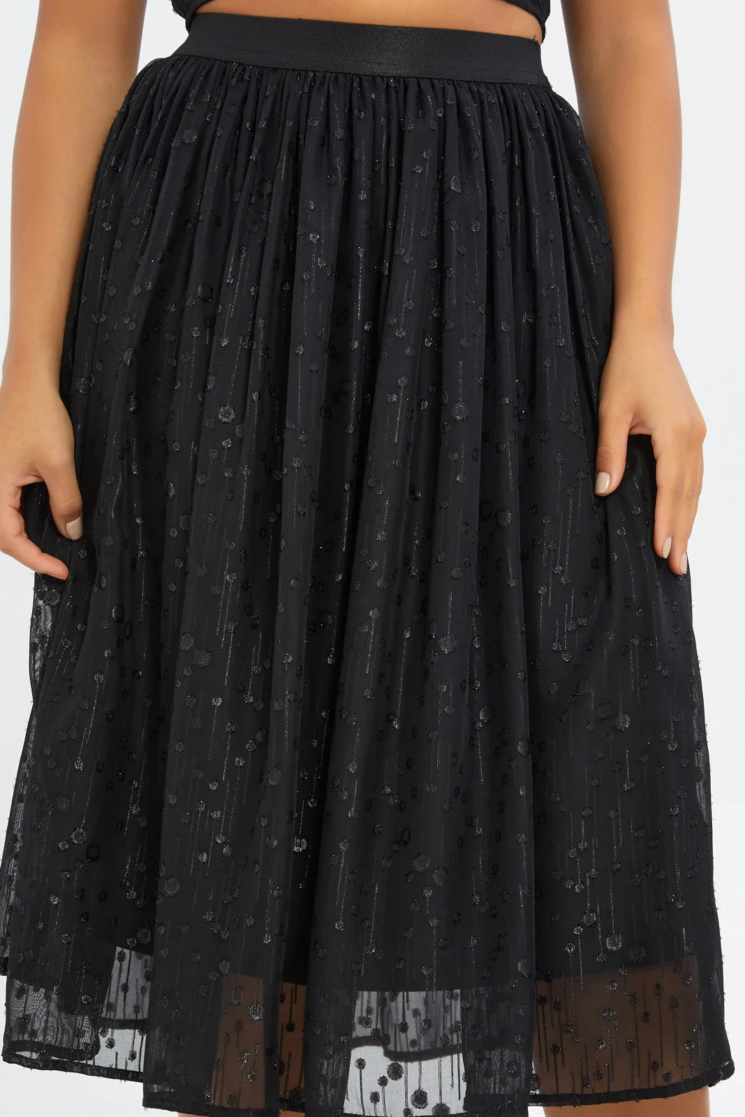 Women Black Metallic Midi Skirt