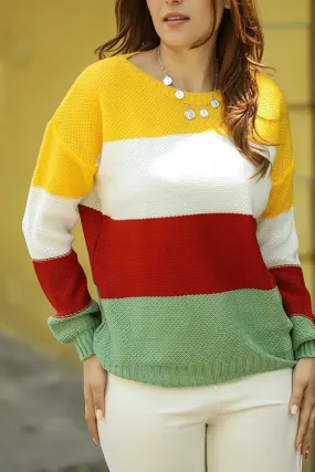 Women Colorblock Turkish Knitted Long Sleeves Sweater