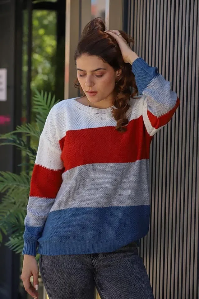 Women Colorblock Turkish Knitted Long Sleeves Sweater