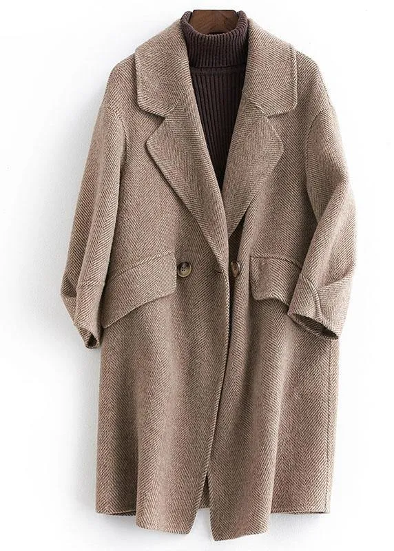 women plus size pockets outwear khaki Notched Woolen Coat