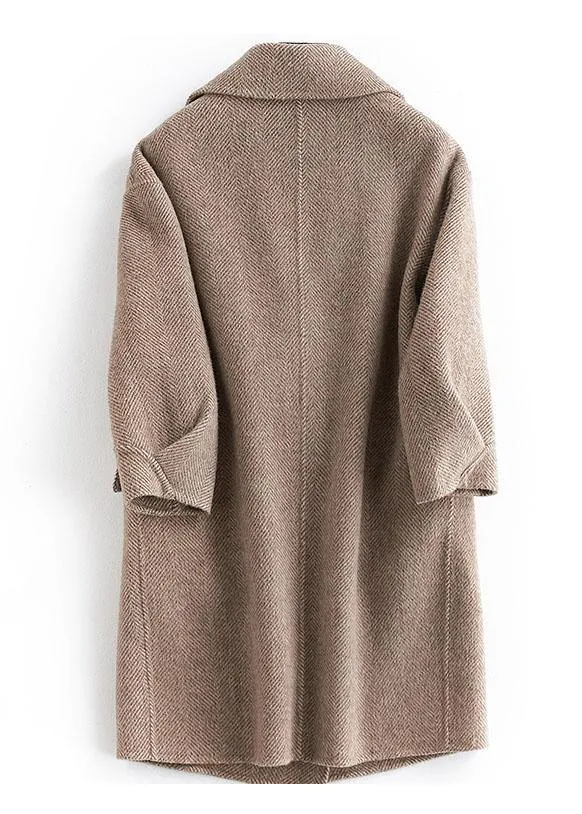 women plus size pockets outwear khaki Notched Woolen Coat