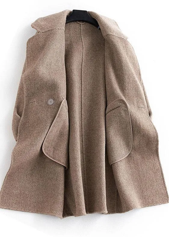 women plus size pockets outwear khaki Notched Woolen Coat