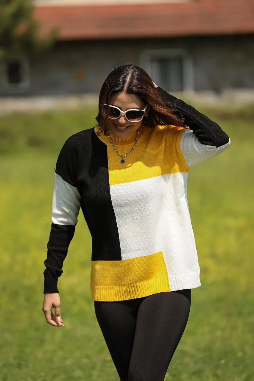 Women Square Colorblock Turkish Knitted Long Sleeves Sweater B443