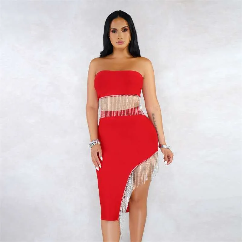 Women Suit Sexy Nightclub Zipper Tube Top Irregular Asymmetric Skirt Two Piece Set